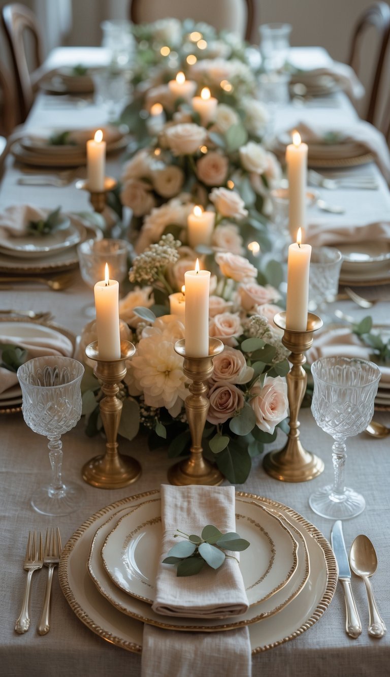 A full table set with vintage brass candlesticks, floral centerpieces, fine china, and glassware, softly lit by natural daylight.