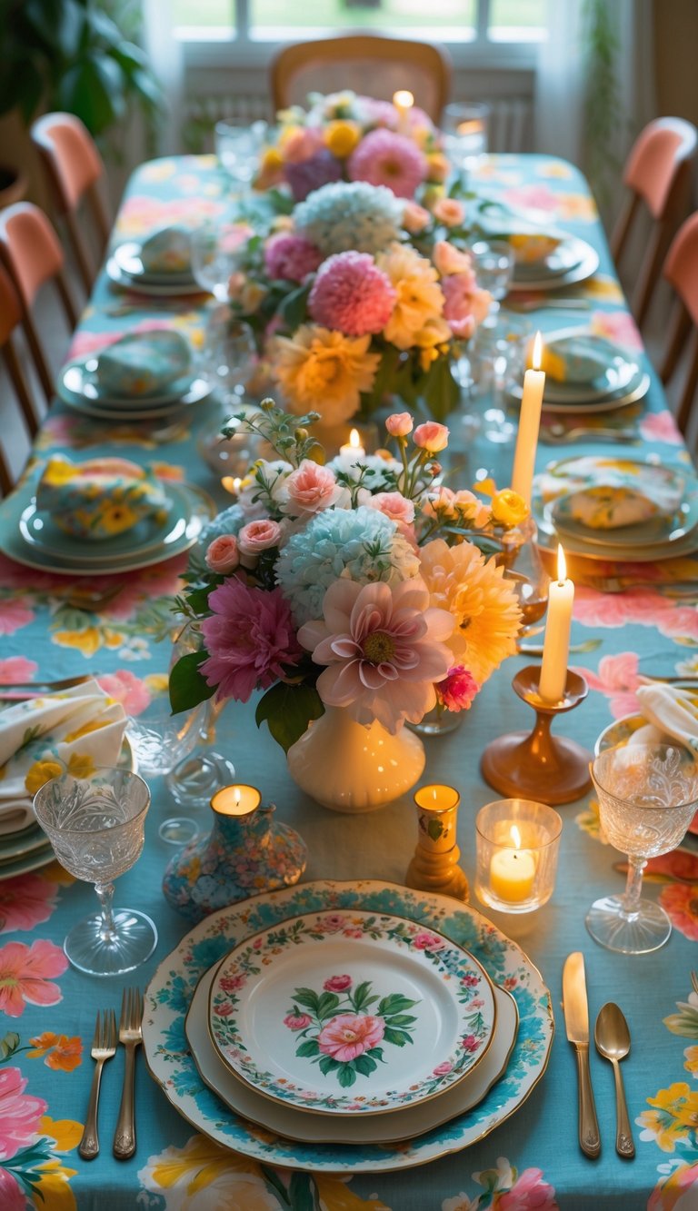 A beautifully arranged table set with floral fabrics, flowers, candles, vintage plates, and glassware under natural light.
