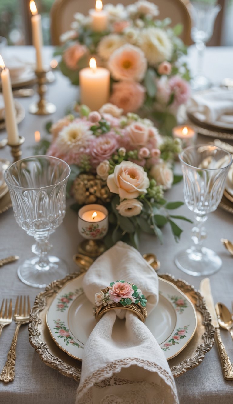 A beautifully arranged dining table set with floral napkin rings, elegant centerpieces, candles, and vintage tableware under natural light.