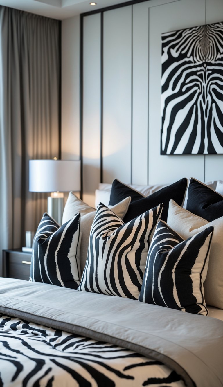 A bedroom with a bed featuring multiple zebra print throw pillows arranged in layers.