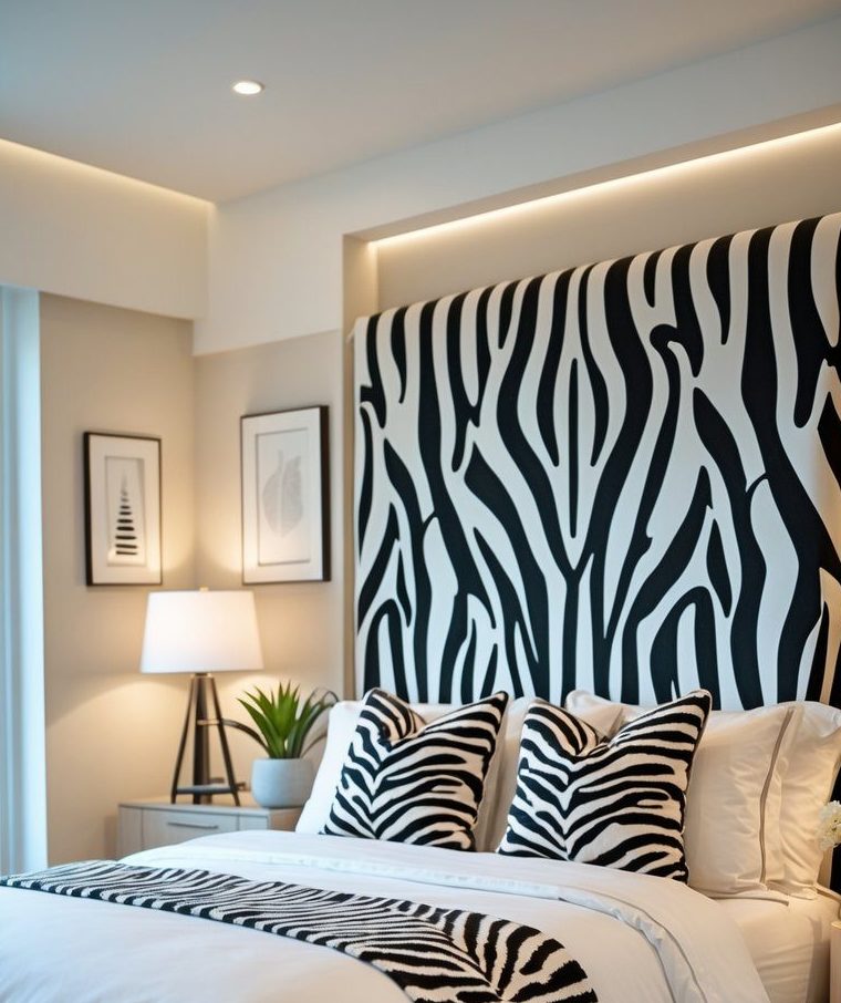 Modern bedroom with a zebra-print headboard, matching pillows and throw, white bedding, bedside lamp, framed art, and a potted plant on a nightstand.