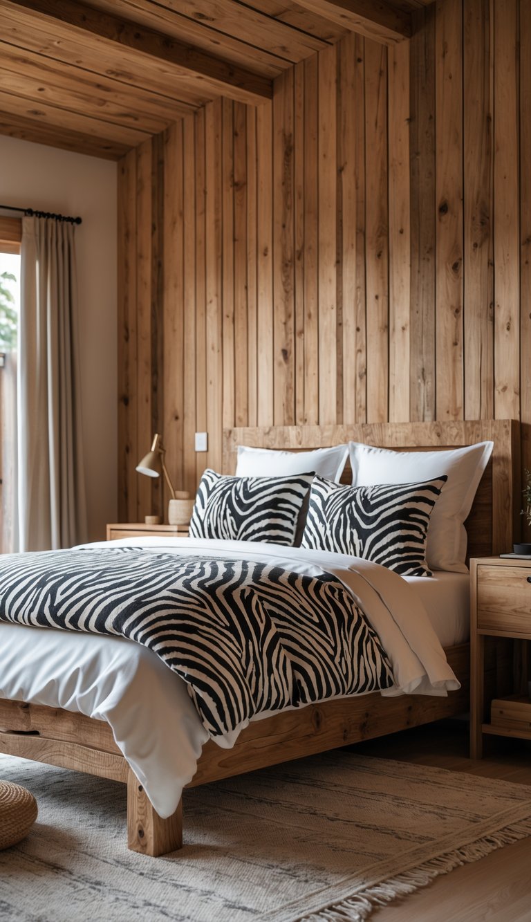 A bedroom with wooden walls and zebra print bedding, featuring a wooden bed frame and soft natural lighting.