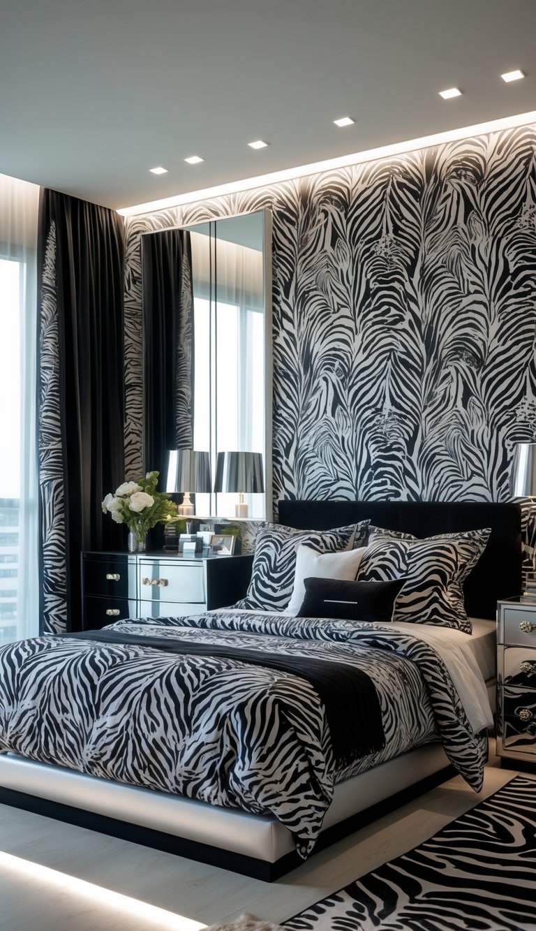 A bedroom with a bed covered in zebra print bedding, metallic bedside lamp, and a mirror on the wall.