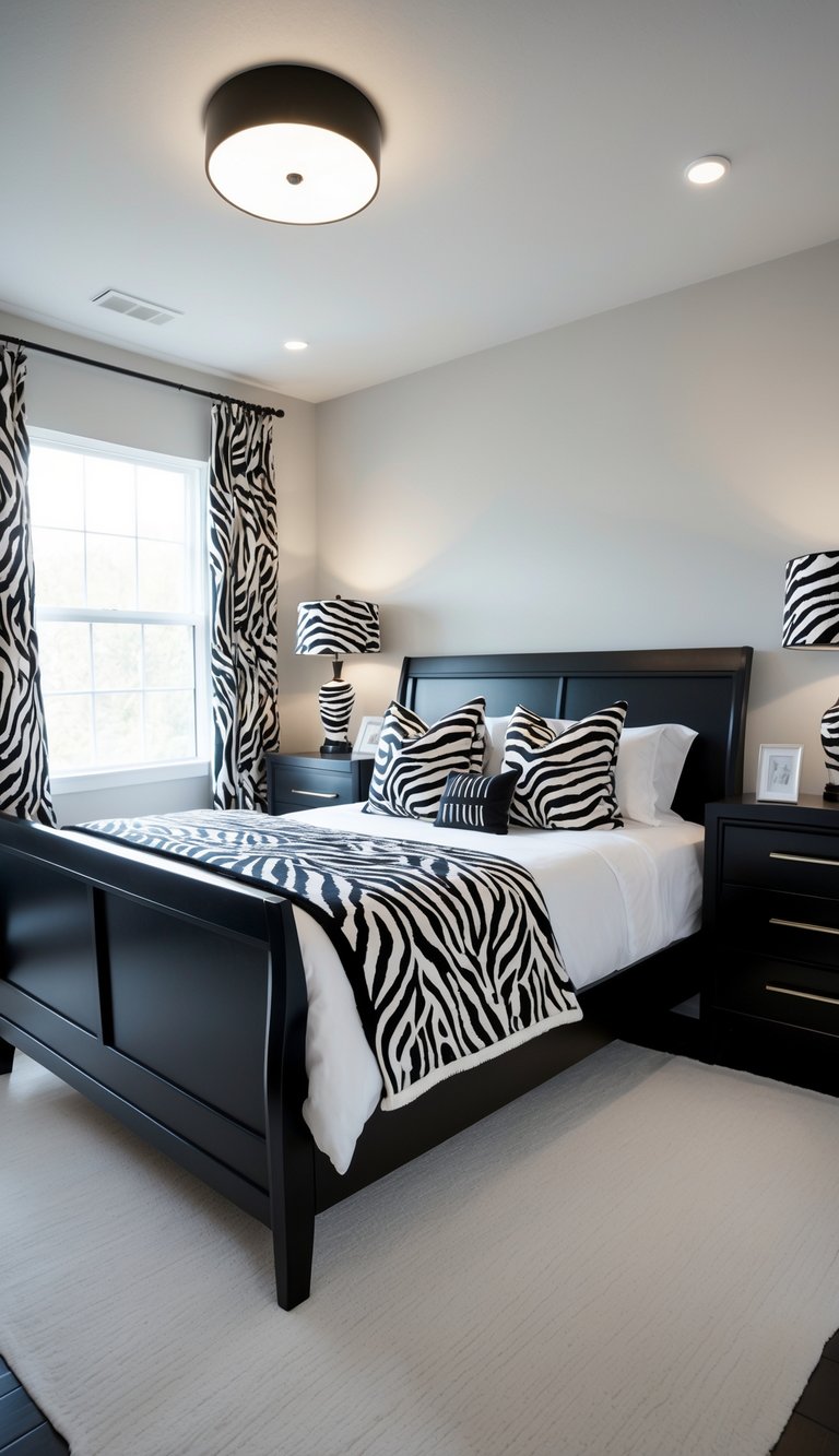 A bedroom with black furniture and zebra print accents including pillows and a throw blanket.