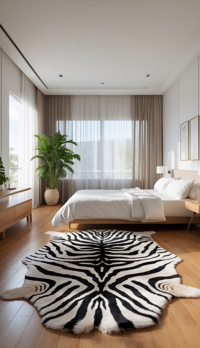 A bright bedroom with a large zebra print fur rug on the wooden floor next to a neatly made bed.