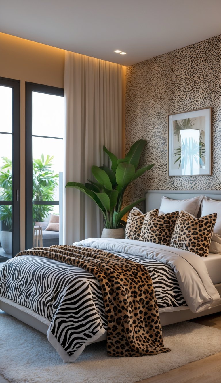 A modern bedroom with a bed featuring zebra print pillows and a leopard print throw, natural light, neutral walls, and minimalist furniture.