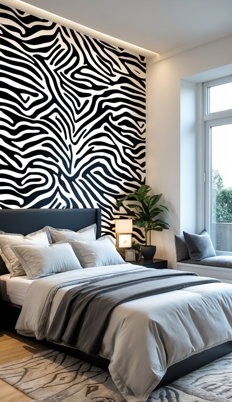 A bedroom with a zebra print accent wall behind a neatly made bed and simple furniture.