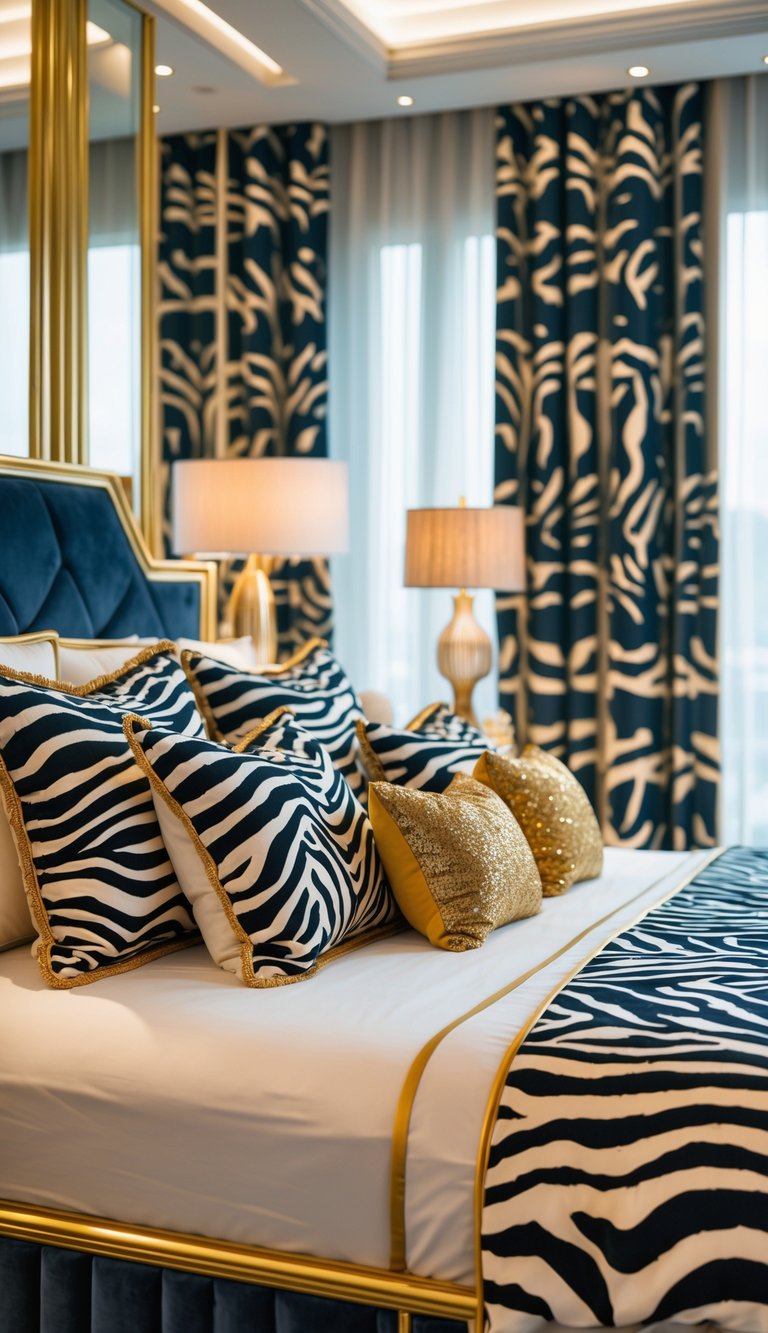 A bedroom with zebra print bedding and pillows accented with gold trim, featuring a nightstand and lamp in a cozy setting.