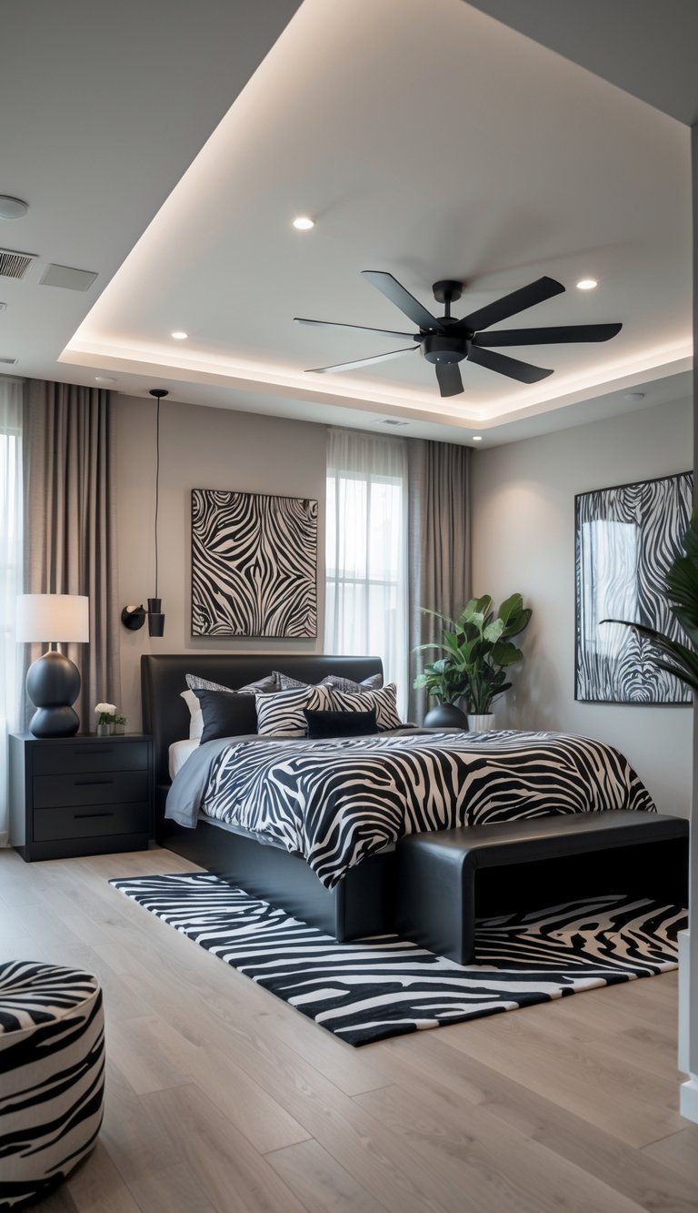 A bedroom with zebra print bedding and cushions, matte black lamps and fixtures, neutral walls, light hardwood floor, and natural light coming through sheer curtains.