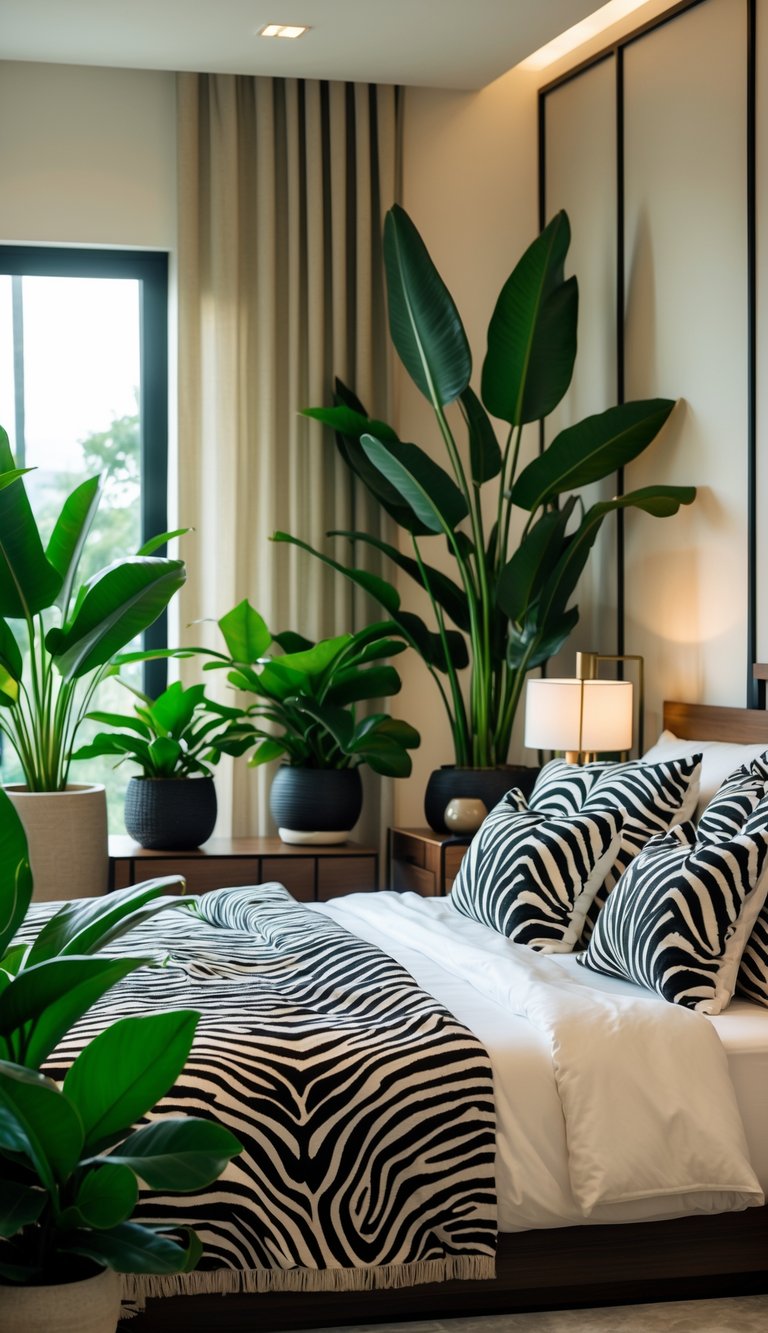 A bedroom with zebra print pillows and throw blanket, surrounded by dark green potted plants and warm natural lighting.