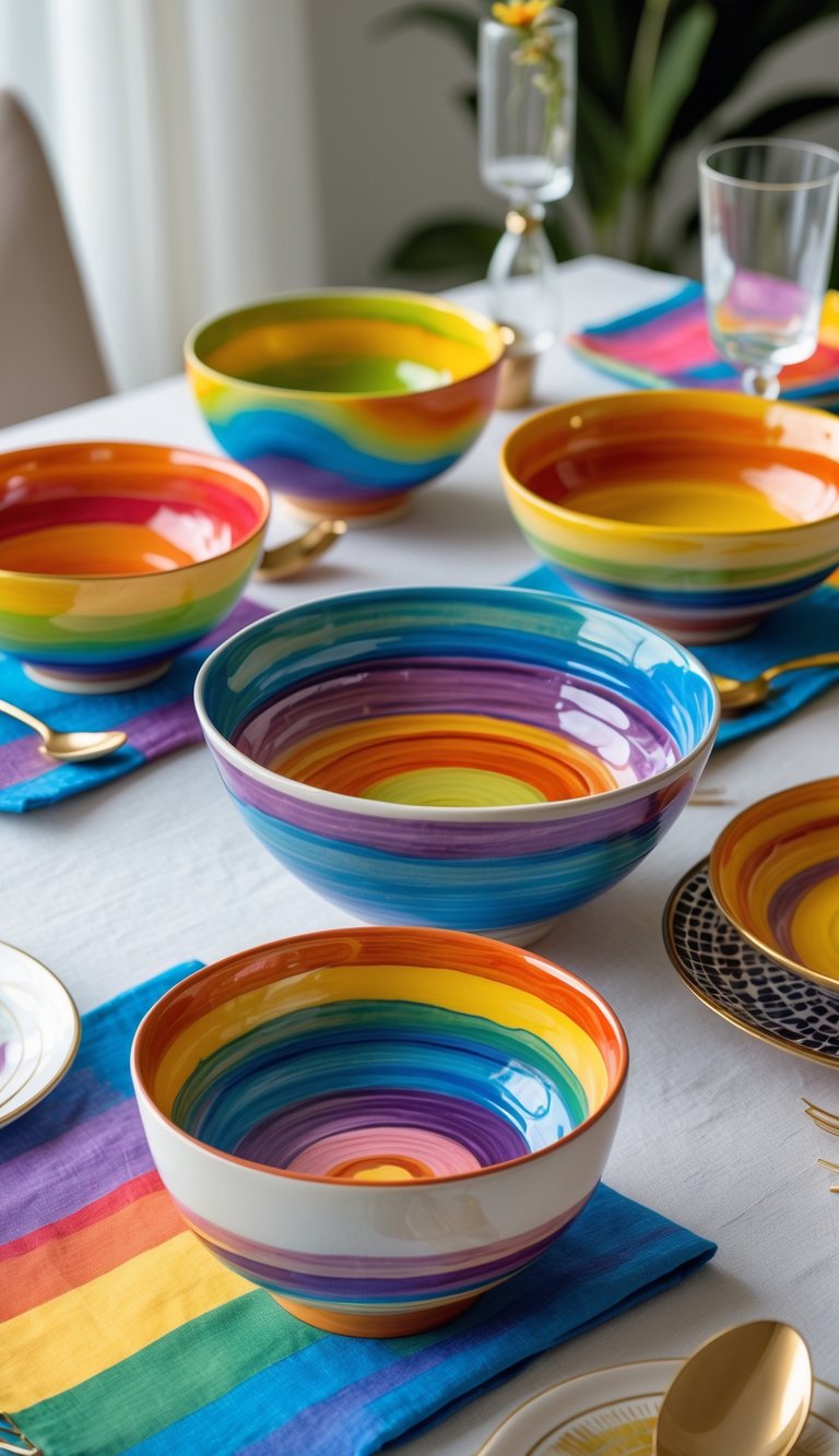A colorful table setting with several hand-painted rainbow ceramic bowls arranged alongside matching rainbow-themed dishes and decorations.