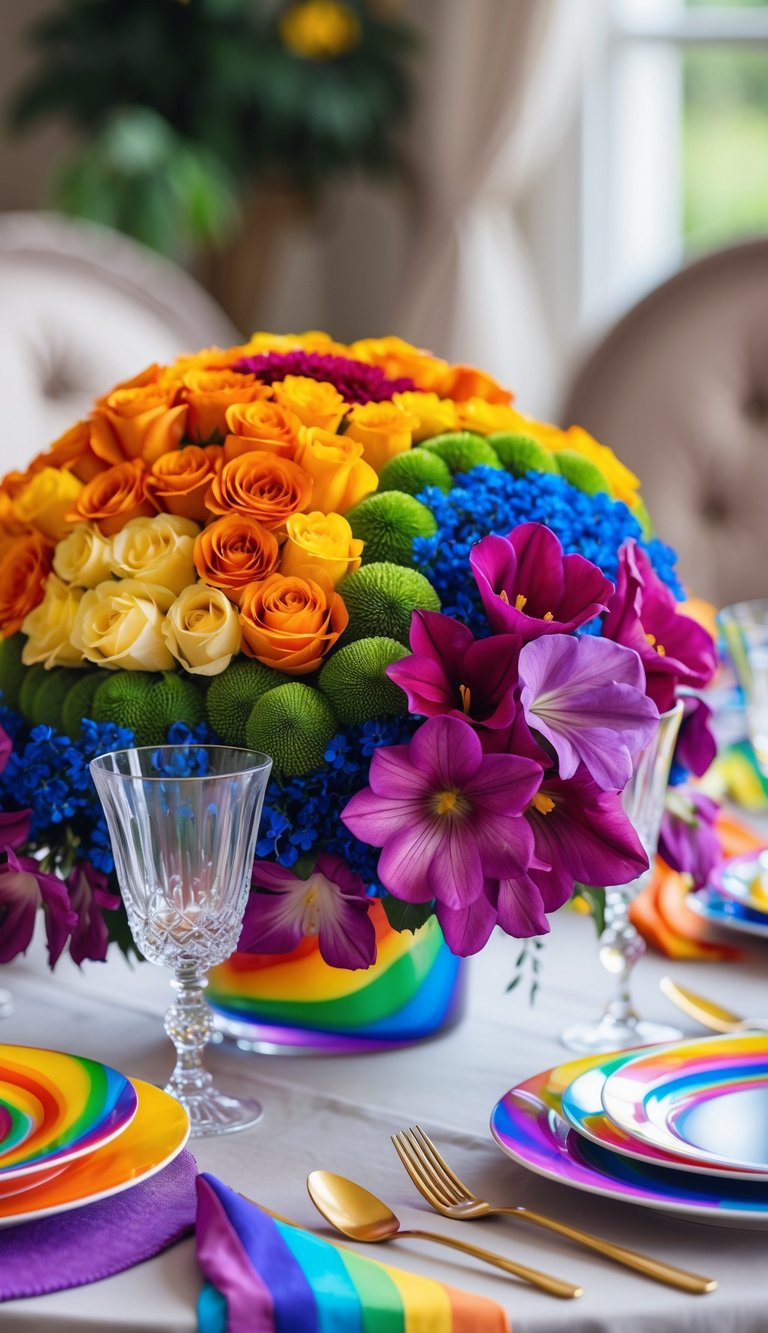 A beautifully arranged table with a colorful rainbow flower centerpiece and matching rainbow tableware.