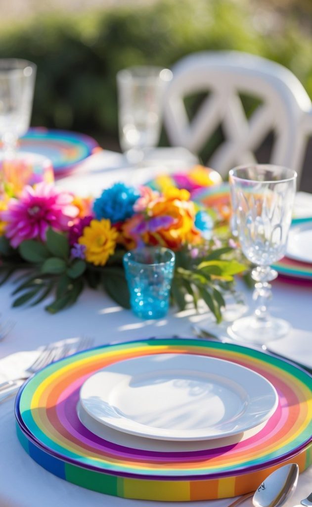 A table set with rainbow-patterned plates, white napkins, silver cutlery, glassware, and a colorful flower centerpiece on a white tablecloth.