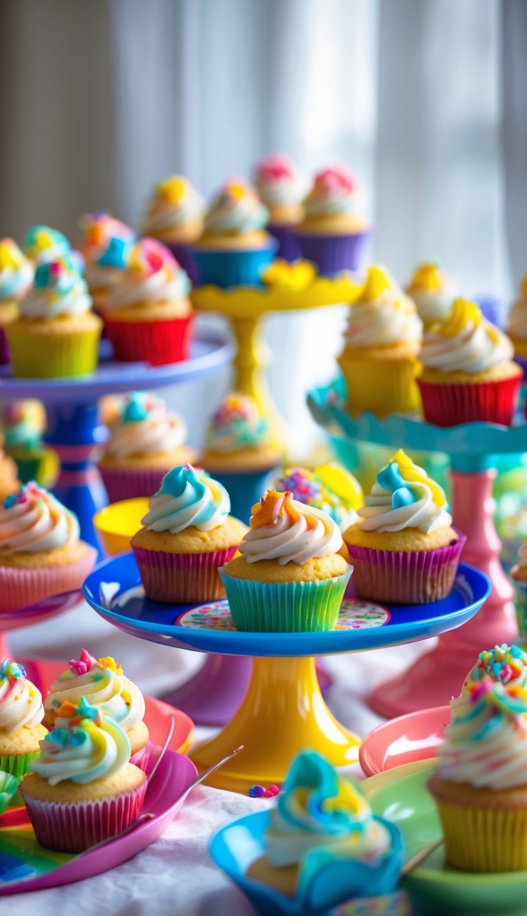 A table set with rainbow-colored cupcakes on colorful stands arranged in a bright and festive setting.
