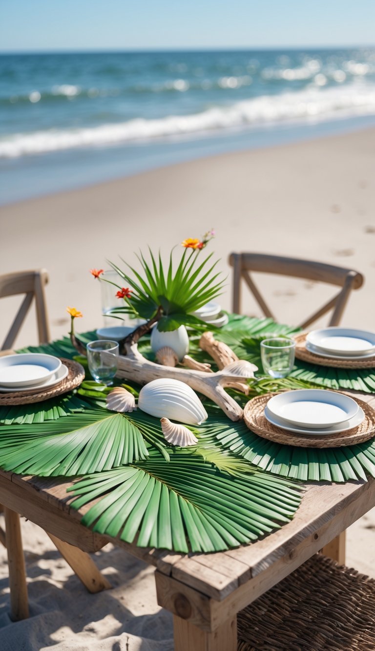 A wooden table on a sandy beach set with green palm leaf placemats, white plates, glassware, seashells, and tropical flowers under a clear blue sky.