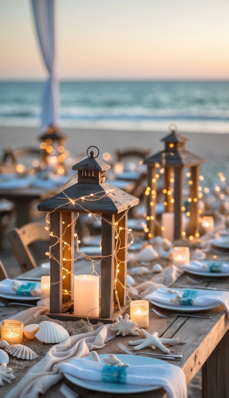 A beach table decorated with driftwood lanterns wrapped in fairy lights, seashells, and candles near the ocean shore.