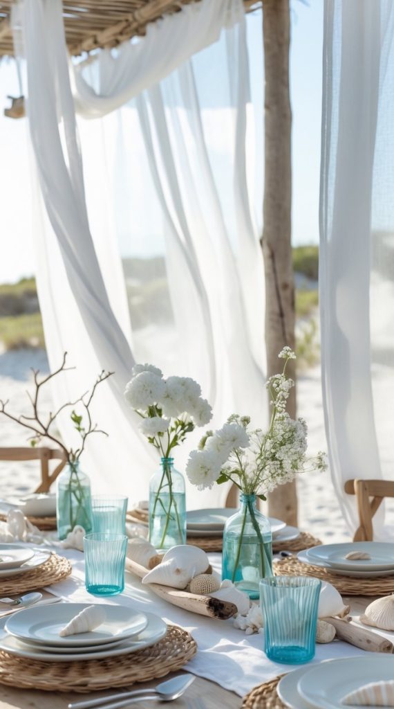 A beachside table set with woven placemats, white plates, blue glasses, seashells, and white flowers in glass vases under a canopy with sheer white curtains.