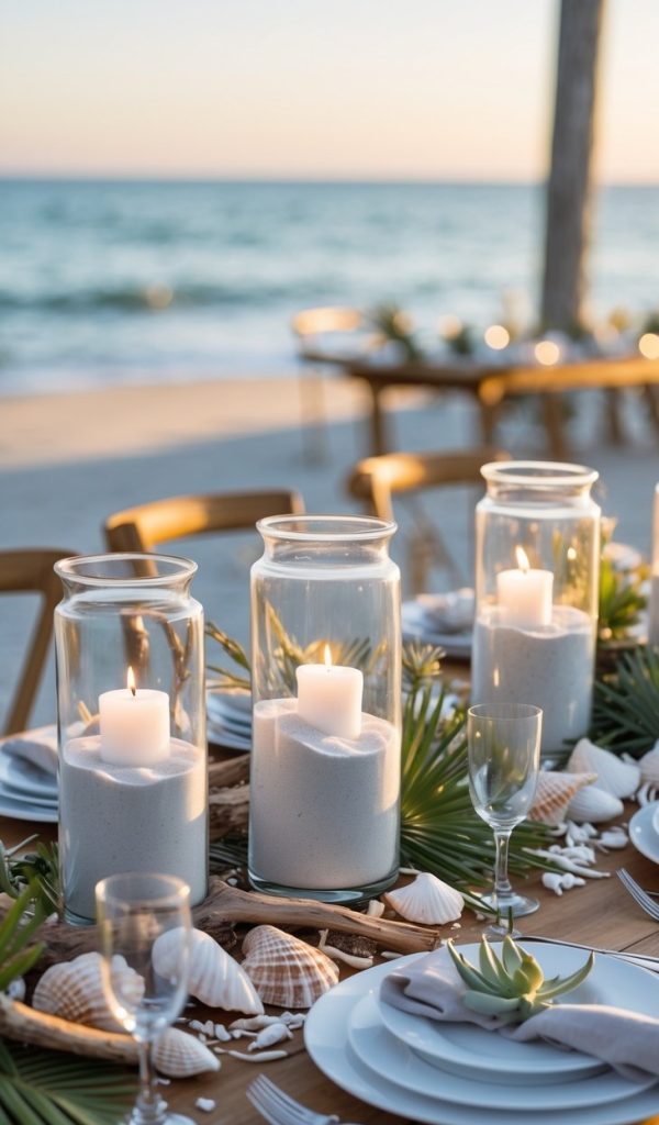 A beachside dinner table is set with plates, glasses, napkins, seashells, palm leaves, and large glass candle holders filled with sand and lit candles. The ocean is visible in the background.