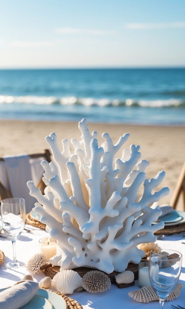 A table set for dining on the beach features a large white coral centerpiece, seashells, plates, glasses, and napkins, with the ocean and waves visible in the background.