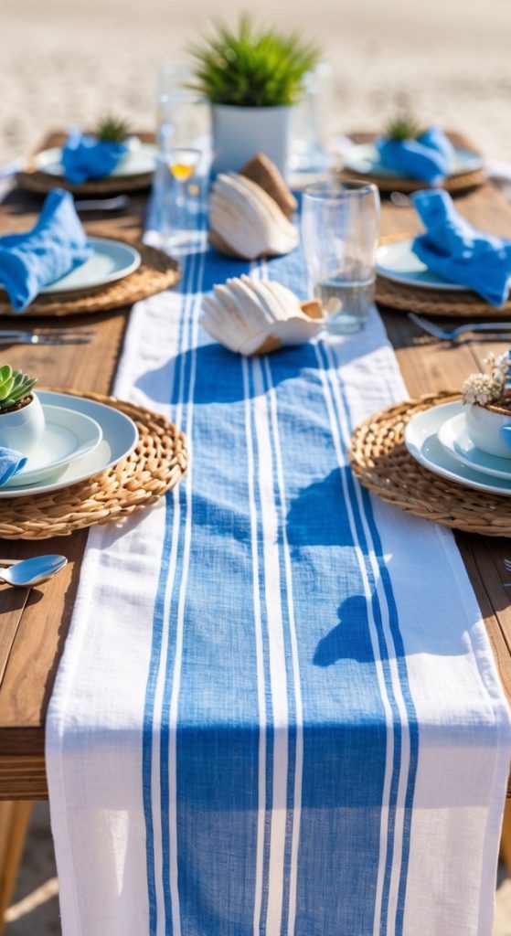 A wooden table set for six on the beach, with blue and white table linens, plates, glasses, napkins, woven placemats, small succulents, and seashells as decor.
