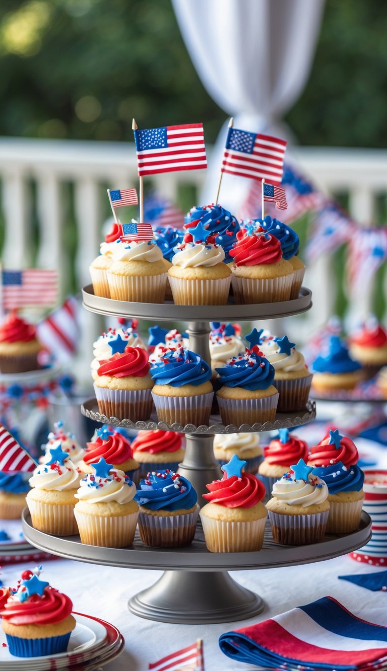 A table set with patriotic cupcakes decorated in red, white, and blue, displayed on tiered stands with small American flags and festive decorations.