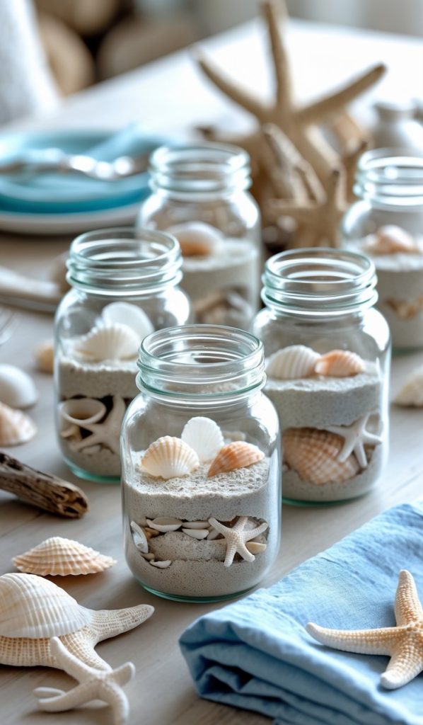 Five glass jars filled with sand and assorted seashells are arranged on a table, with starfish, plates, and blue napkins in the background.
