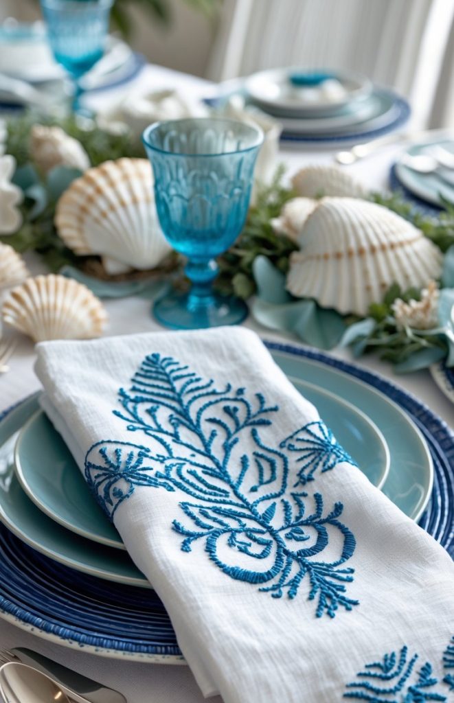 Table setting with blue plates, silverware, a blue glass, white napkin with blue embroidery, and seashell and greenery centerpiece.