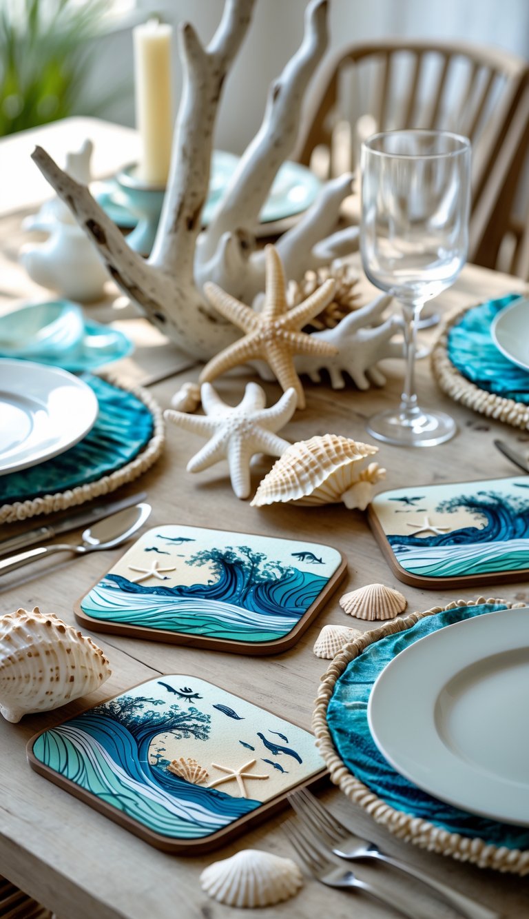 A dining table set with ocean-themed coasters, seashells, and glassware arranged in a coastal style.