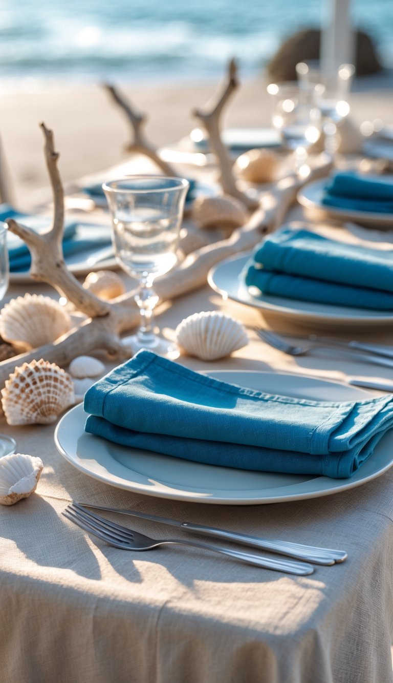 A table set with a sandy beige tablecloth and blue napkins, decorated with seashells and glassware, evoking a beachside dining scene.