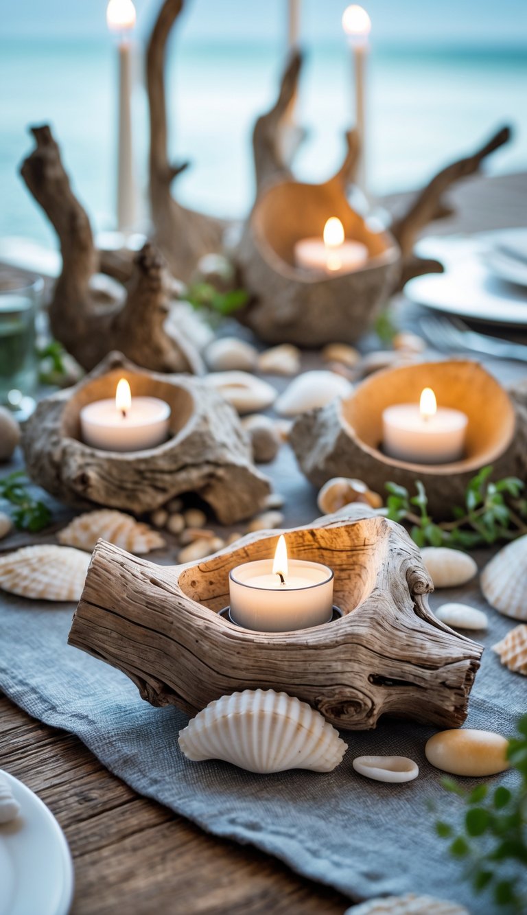 A tablescape with driftwood candle holders holding tealight candles, decorated with seashells and greenery on a wooden table by the ocean.
