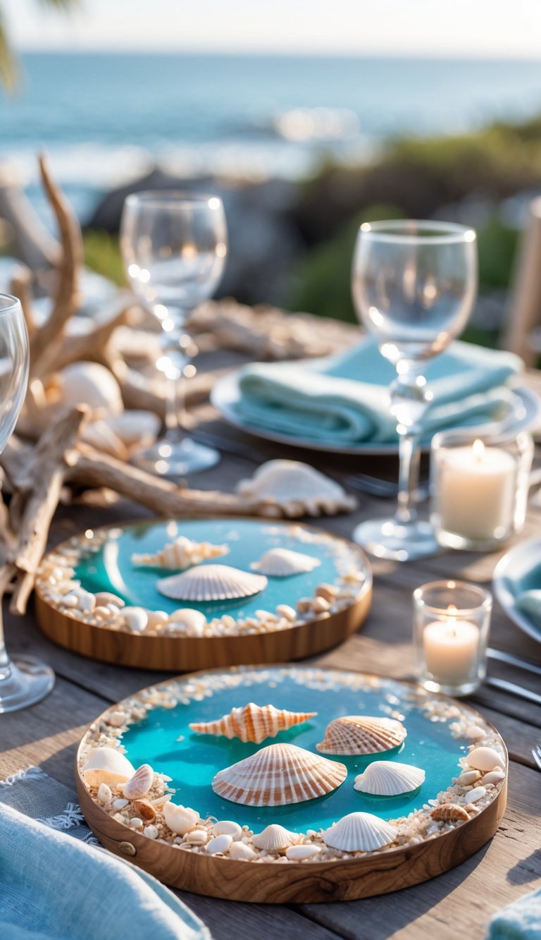 A wooden table set outdoors with seashell-embedded resin coasters, seashells, glassware, and beach-themed decorations, with the ocean visible in the background.