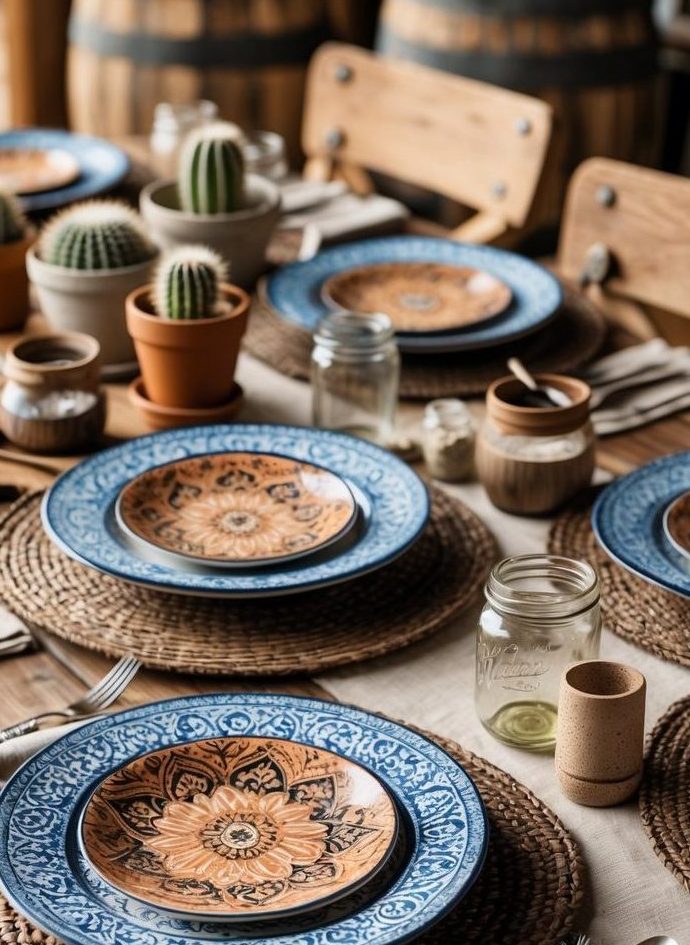 A wooden dining table set with patterned plates, woven placemats, cutlery, and potted cacti as centerpieces, with wooden chairs and barrels in the background.