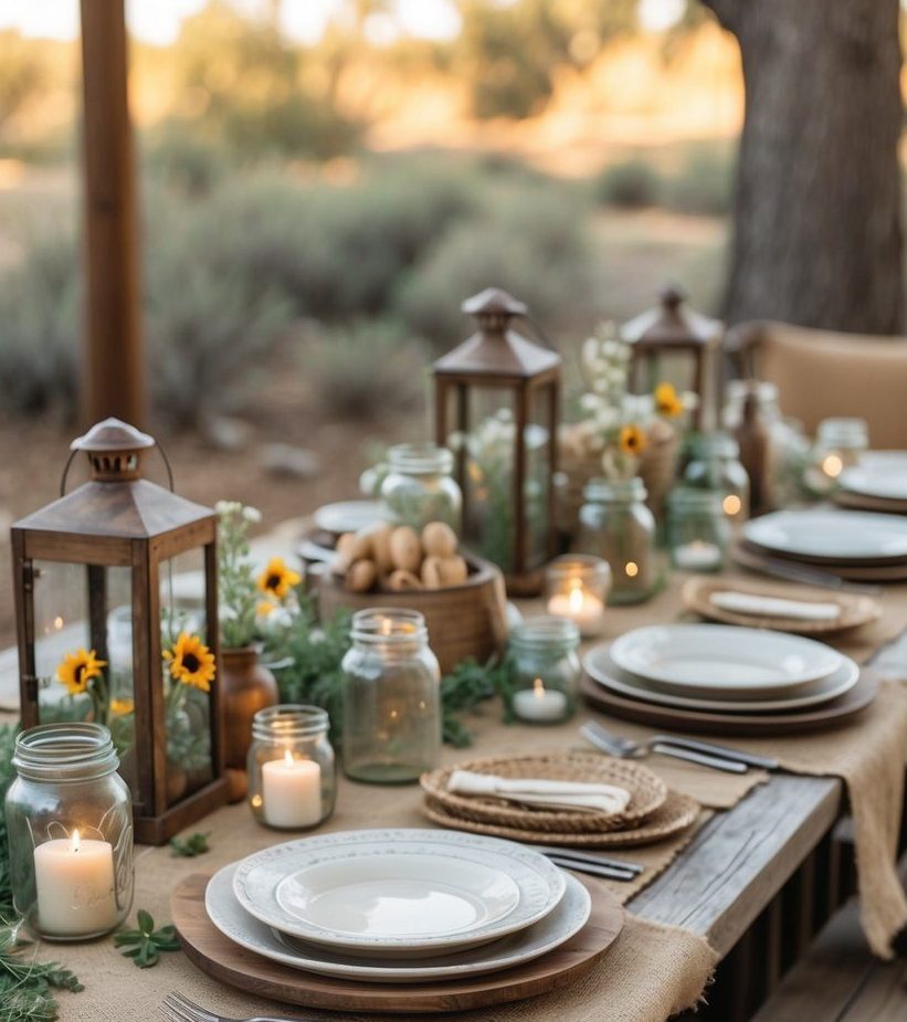 Rustic outdoor table set for a meal with plates, silverware, mason jars, lanterns, candles, and floral decorations on a burlap tablecloth.