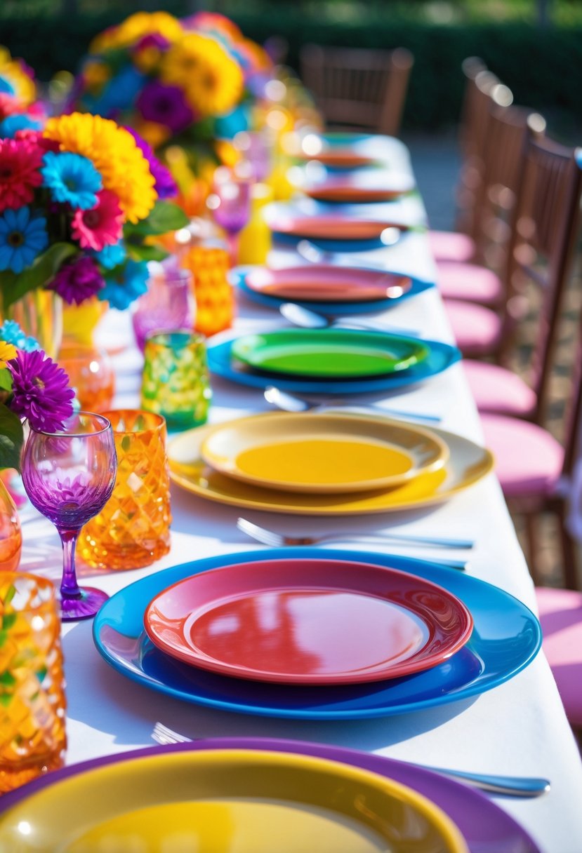A dining table set with rainbow-colored charger plates and colorful decorations arranged for a festive meal.