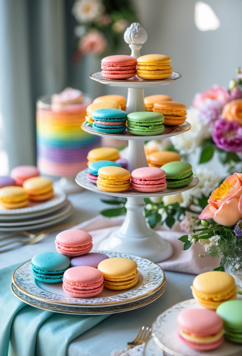 A colorful display of rainbow macarons arranged on stands and plates on a decorated table.