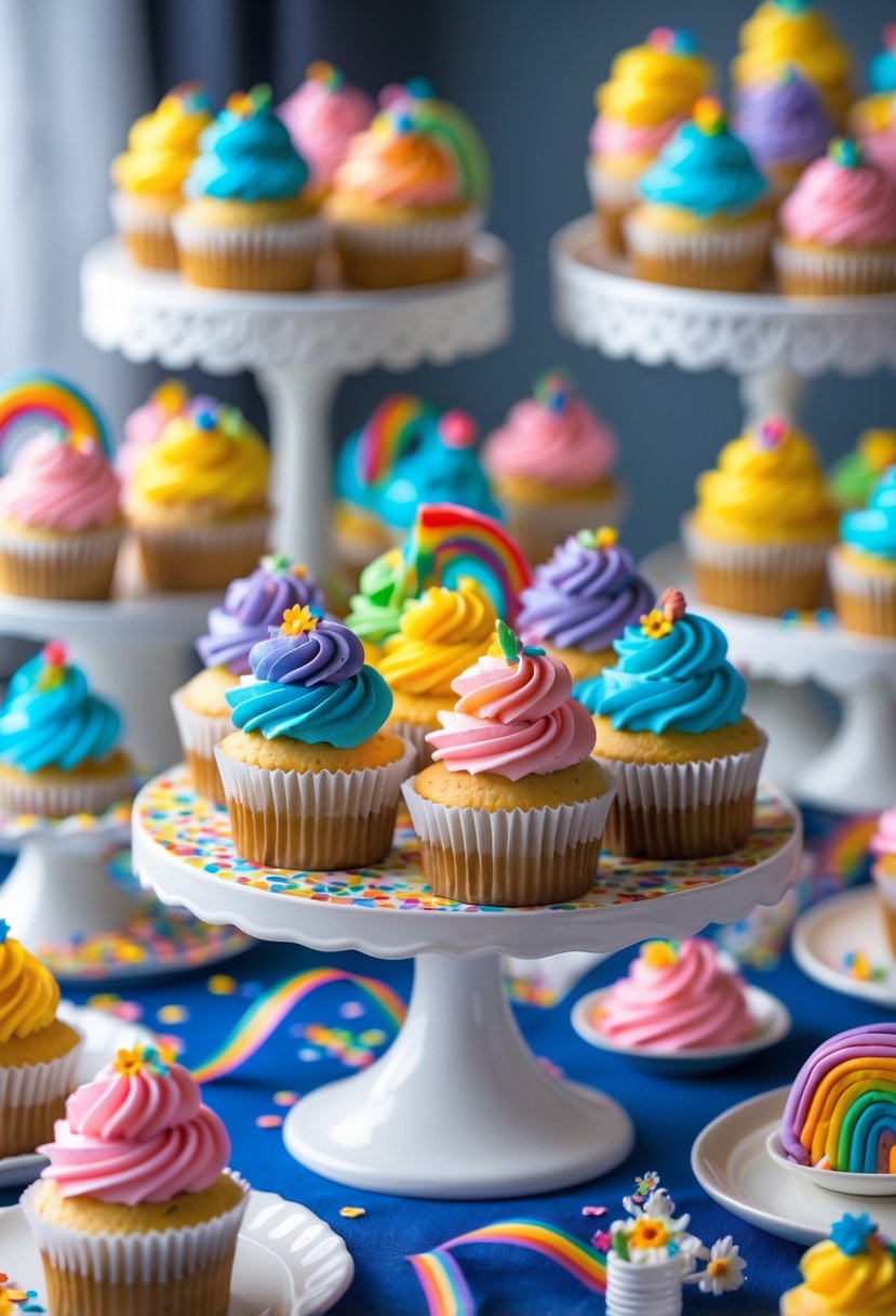 A colorful table filled with rainbow cupcakes arranged on white cake stands and decorated with rainbow-themed accents.