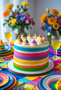 A colorful, multi-layered cake with rainbow frosting sits on a festively set table, surrounded by vibrant flowers and glasses of yellow drink.