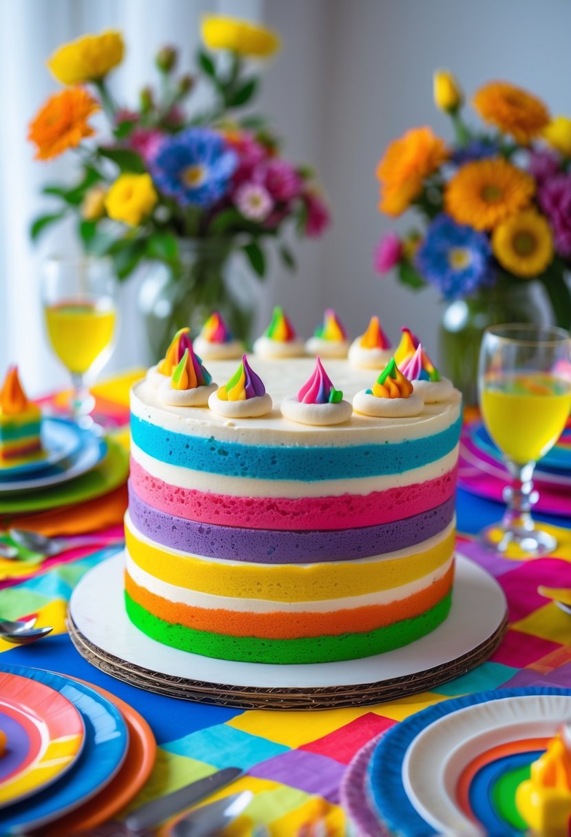 A rainbow layered cake on a colorful decorated table with plates, flowers, and candles.