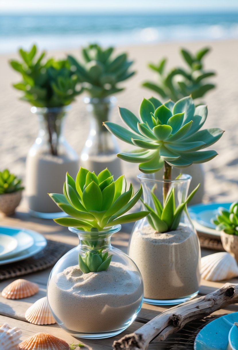 Glass vases filled with sand and green succulents arranged on a wooden table by the beach with ocean waves in the background.