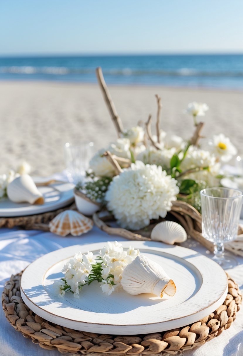 Outdoor beach dining table with whitewashed wooden chargers, seashell decorations, flowers, and glassware set against a calm ocean background.