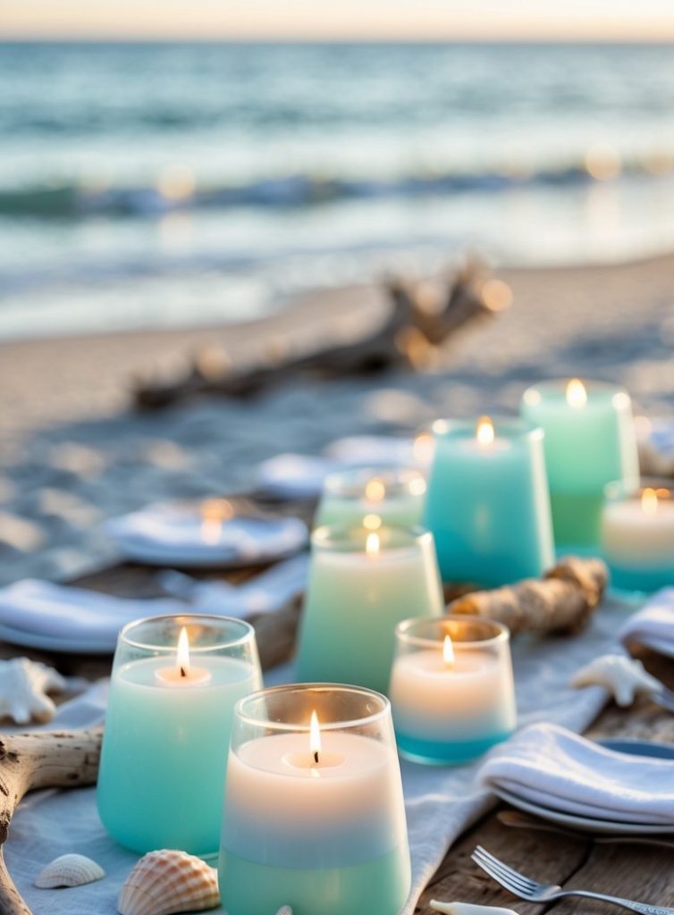 A beachside table is set with aqua and white candles, seashells, starfish, plates, and cutlery, with the ocean and driftwood in the background at sunset.
