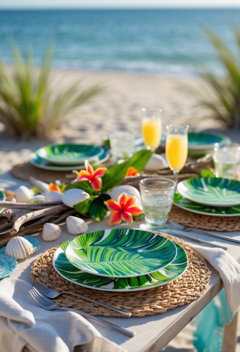 A beach table setting with palm leaf printed dinner plates, tropical flowers, seashells, and glassware on a sandy shore with the ocean in the background.