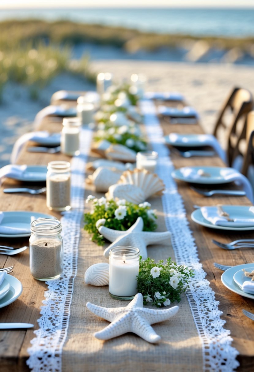 A beach table set outdoors with a burlap table runner trimmed with lace, decorated with seashells, candles, and simple tableware, overlooking the ocean.
