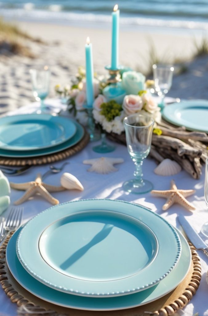 A beachside table setting with blue plates, starfish, seashells, candles, and flowers, arranged on a white tablecloth with the ocean in the background.
