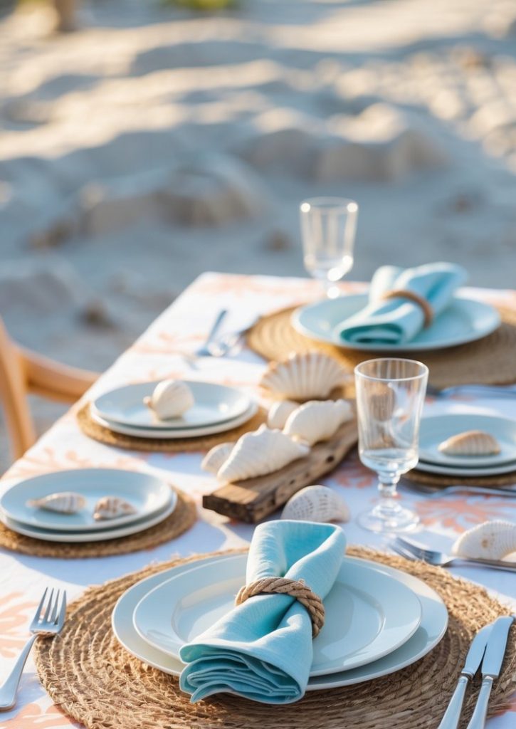 A table set for four on the beach features woven placemats, white plates, blue napkins with rope rings, glassware, and decorative seashells.