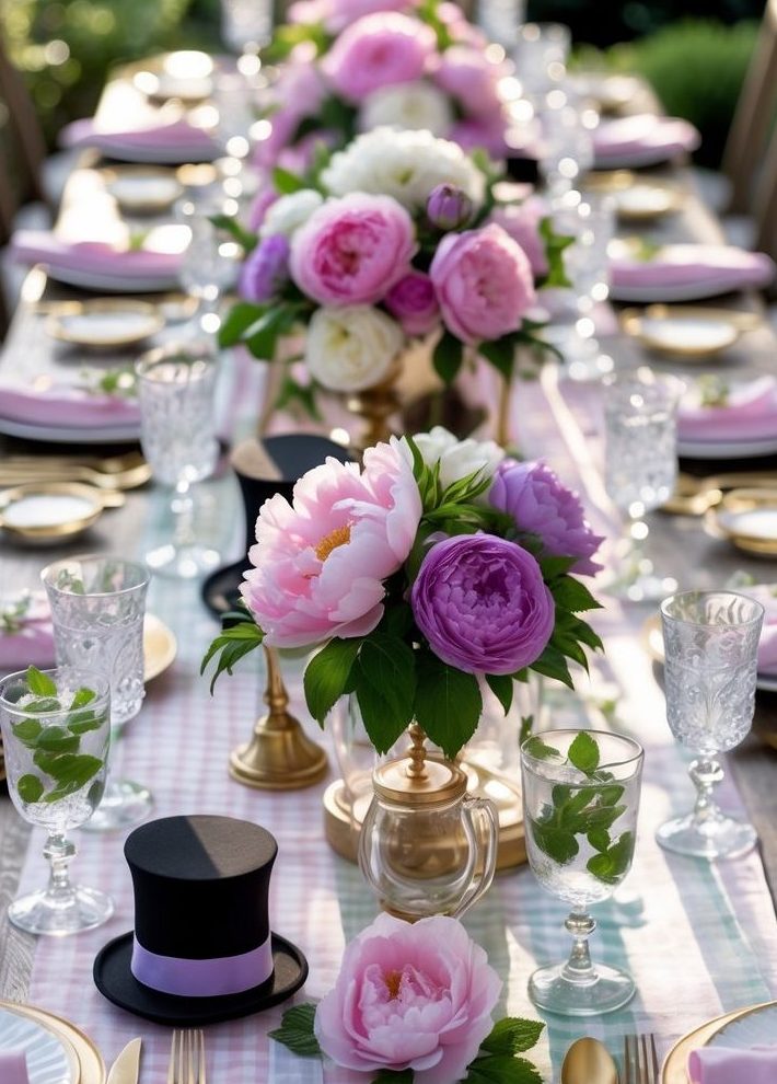 A long outdoor dining table is set with pink and purple flowers, gold cutlery, glassware, pastel napkins, and a small black top hat centerpiece.