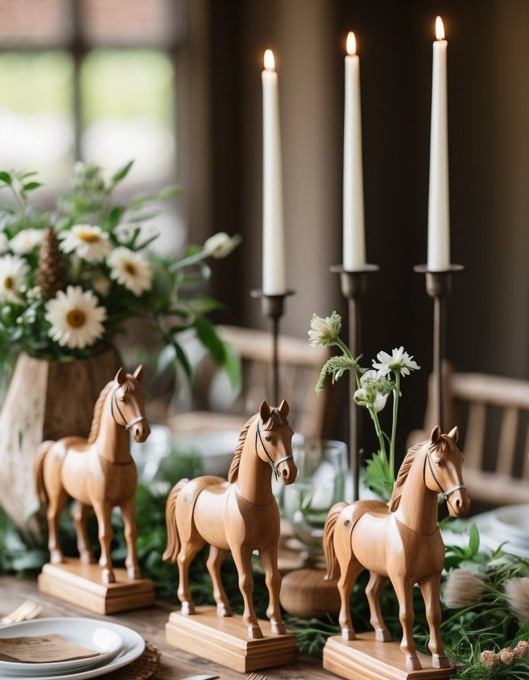 A rustic dining table set with plates, gold cutlery, floral arrangements, candles, and three wooden horse figurines as centerpieces.