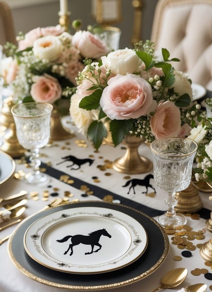 Elegant table setting with horse-themed plates, gold-rimmed glasses, floral centerpieces, gold confetti, and a white tablecloth decorated with black horse silhouettes.