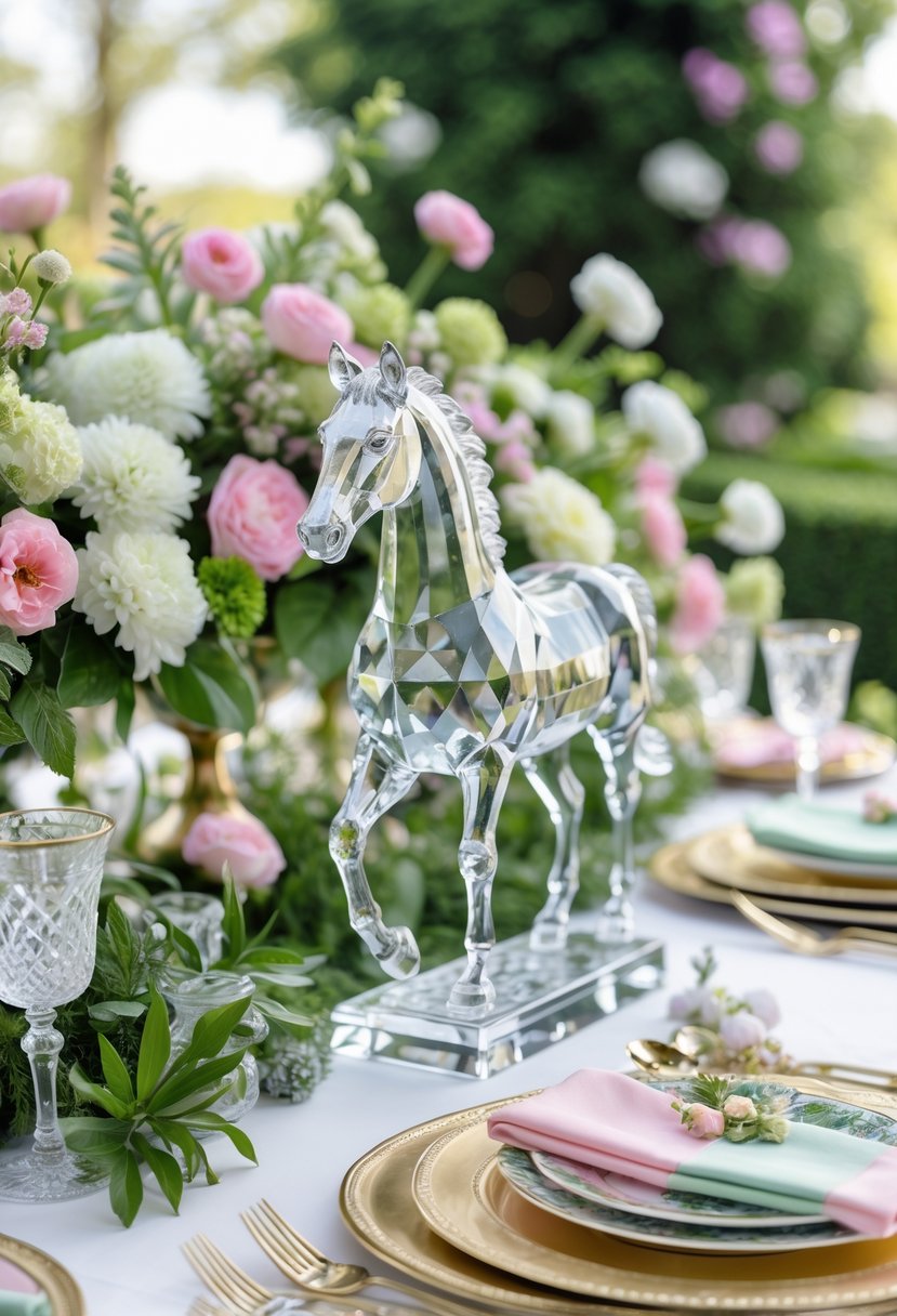 A table set for a Kentucky Derby event with a crystal horse figurine centerpiece, floral arrangements, fine china, and glassware.