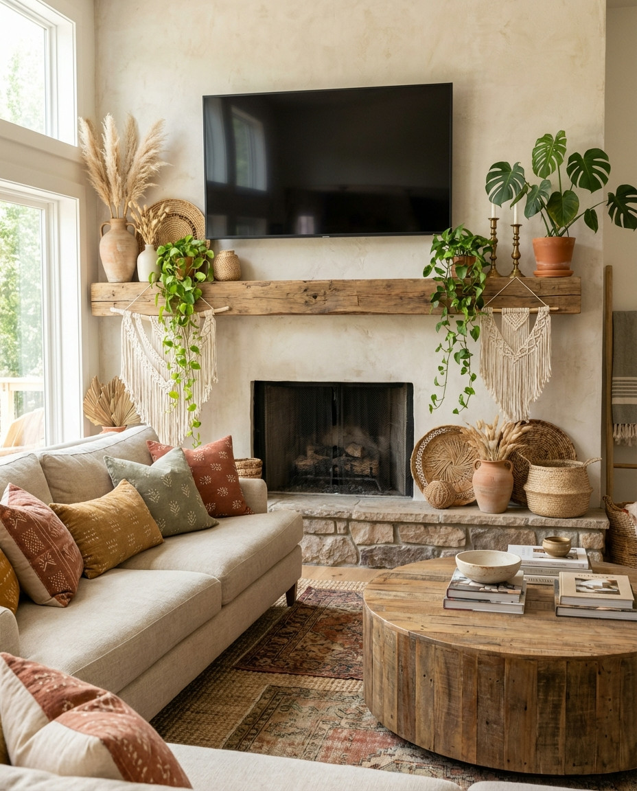 A cozy living room with a sectional sofa, patterned pillows, a round wooden coffee table, a fireplace, a wall-mounted TV, potted plants, and woven decor on and above the mantel.